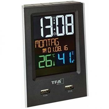 TFA Dostmann Charge-IT Funk-Wecker mit USB-Ladefunktion, Plastik, Schwarz, 9 x 6 x 13 cm