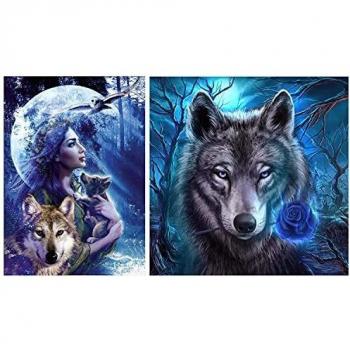 Mupack 2 Pcs DIY 5D Peinture Diamant Kits Complets, Images de Broderie en Cristal de Rhinestones Loup pour Enfants et Adultes, Kit de Perçage Complet Art et Artisanat Cadeau pour Décoration Murale (30x40cm) (loup bleu)
