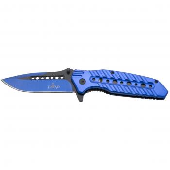 Coltello Third, Manico Blu in Alluminio con Fori, Lama in Acciaio Inox Anodizzato Nero e Blu di 10,5 cm con Fodero in Nylon