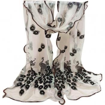 Foulard dentelle brodé fleurs paon