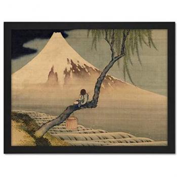 Framed Hokusai Portrait with Mount Fuji Background – 24x36in