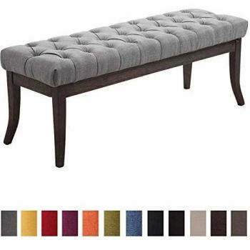 Banc en Tissu Gris avec Pieds en Bois Sombre
