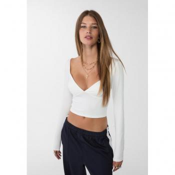 Stradivarius V-Neck T-Shirt in White Polyamide XS