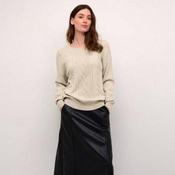 XL Beige Cream Puff Sleeve Round Neck Knit Pullover for Women