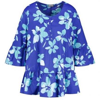 Samoon Damen Volantbluse 3/4 Arm floral Cobalt Blau 48/XL