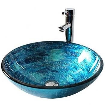 HomeLava Modern Design Gehärtetes Glas Waschbecken Blau Rund mit Ablaufgarnitur, Montagering