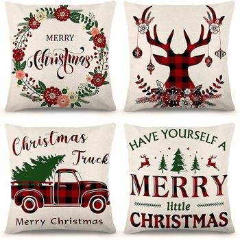 Decoración Navideña Lino Cuadrado Rojo 4 Fundas Almohada