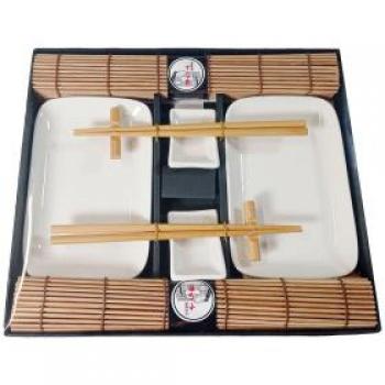 Set di piatti e accessori per sushi, 2 persone, nero e bianco