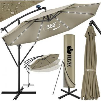 Taille large Parasol LED solaire 300 cm (Marron) – aluminium, manivelle, interrupteur marche/arrêt, UV, imperméable