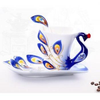 3D Hand Crafted Peacock Coffee Cup and Saucer Set