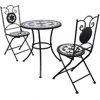 Mobilier de jardin 3 pièces vidaXL : carreaux céramiques noir et blanc, table et 2 chaises