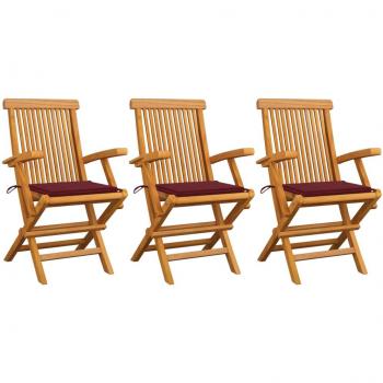 Gartenstühle aus Massivholz Teak mit Weinroten Kissen, 3 Stk