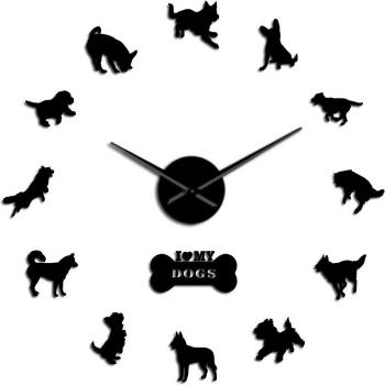 Mixed Dog Breeds 3D Wall Clock – Yorkshire Terrier, Labrador, Husky, Chihuahua, Border Collie, German Shepherd