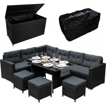 Salon de Jardin en Rotin Noir avec Coffre de Rangement