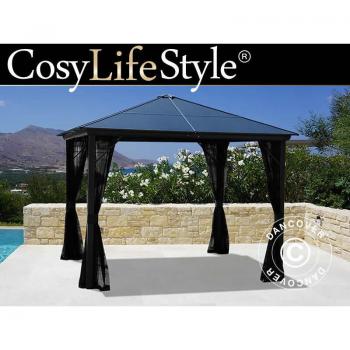 Dancover 3×3 m Gartenpavillon Santa Barbara – Schwarz, Vorhänge & Insektenschutz