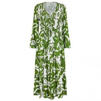 Robe Yumi à manches longues, motif abstrait vert