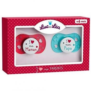 Zwei‑Schnuller‑Set „Je aime ma Mama et Papa“ für Babys bis 6 Monaten