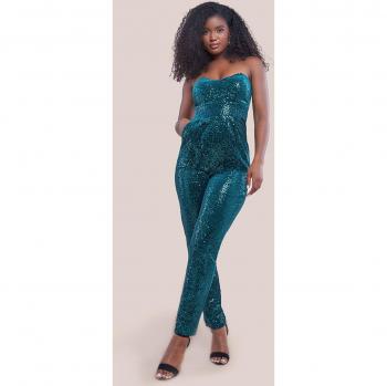 Goddiva's Emerald Green Sequin and Velvet Corset Jumpsuit