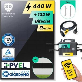 Panel Solar Enchufable 440 Wp con Microinversor 800 W Wi-Fi, Cables 3 m y Soporte Incluido