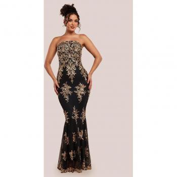 Sequin Metallic Gold Scallop Maxi Dress for Women