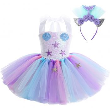 Girls' Tutu Dress Outfit with Halter Neck, Sparkly Sequins, Scallop & Starfish and Hair Accessory for Halloween
