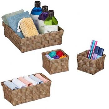 4-Piece Woven Plastic Storage Basket Set Brown