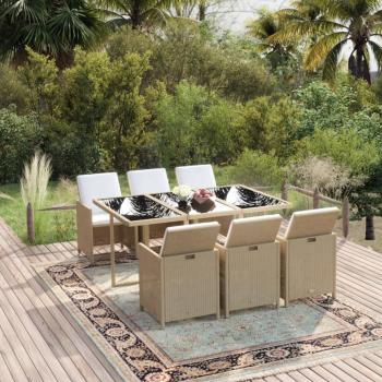 Set da Pranzo Giardino 7 pz con Cuscini Beige in Polyrattan