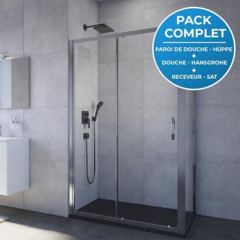 HÜPPE Kit douche : Porte coulissante 120cm + Paroi latérale 80cm + Set de douche tout-en-un + Receveur 120x80cm Noir