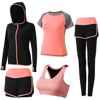 BOTRE 5 Piezas Conjuntos Deportivos para Mujer Chándales Ropa de Correr Yoga Fitness Tenis Suave Transpirable Cómodo (Naranja Claro, XS)