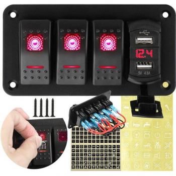 Panneau à bascule 4 gangs avec USB pour voiture bateau camion LED rouge