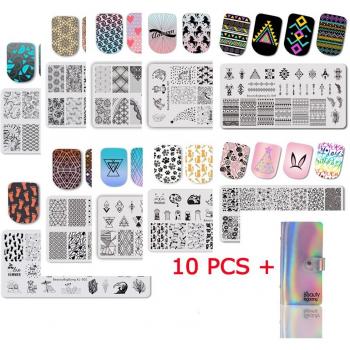 Beautybigbang Nail Stamping Plates Set 8 Rectangular 6 Square 6 Round + 2 Plate Cases