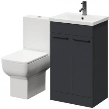 Alessio 500mm Matte Grey Vanity and Toilet Bundle – Open‑Back Toilet, Two‑Door Floor Standing, MDF, Gunmetal Handles