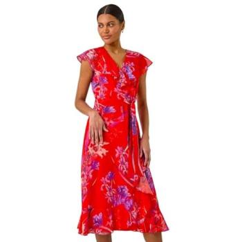 Robe midi rouge florale, front wrap, volume fronde, femme EU 44 (UK 16)