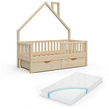 Hausbett Noemi, Naturholz, 70x140 cm mit 2 Schubladen und Matratze VitaliSpa