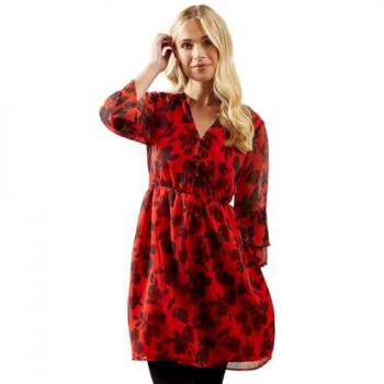 Petite Women's Red Floral Abstract Midi Dress with Shirred Waist