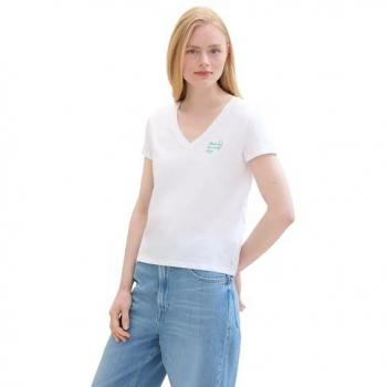 TOM TAILOR DENIM Damen Bio-Baumwolle Basic T-Shirt mit V-Ausschnitt, Weiß, Gr. M