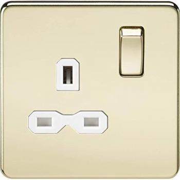 Polished Brass Screwless 13A Single Gang DP Switched Socket with White Insert