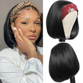 Short Bob Synthetic Wig with Headband for Black Women 8-14 inch