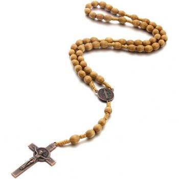 Handmade Antique Wooden Rosary Cross Necklace