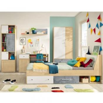 5-teiliges Jugendzimmer Set SPOKANE-133 mit Bett 90x200cm Eiche Weiß Betonoptik