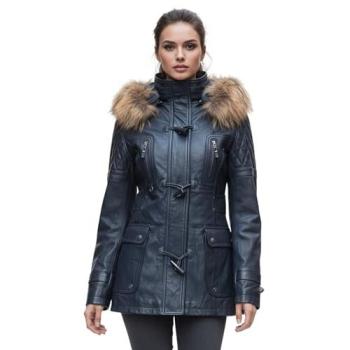 Women's Infinity Lamb‑Leather Quoted Parka, Fur Hood – Duchess Navy, Size 20