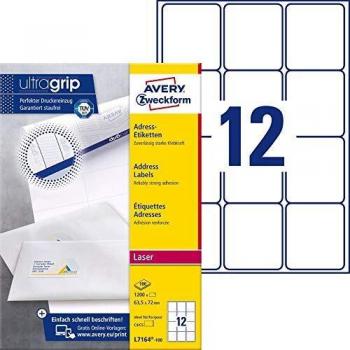 Avery Zweckform L7164-100 White Laser Labels, 63.5 x 72 mm, 1200 Labels (100 Sheets)