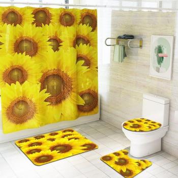 Juego de cortinas de ducha con girasoles y tapa de inodoro impermeable
