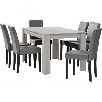 Confort d’appoint : table rectangulaire 140 cm + 6 chaises blanches et grises