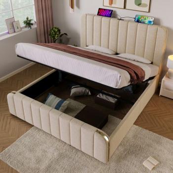 Lit adulte double 160 × 200 cm, lin beige, coffret de rangement, USB‑Type‑C
