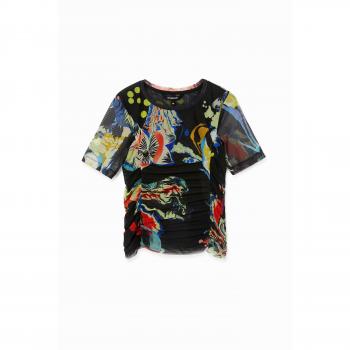 Desigual, Camiseta Slim Preta, Franzida, Feminina, Tamanho S