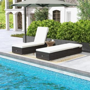 Rattan Sun Loungers Set of 2, Recliner Chairs w/ Adjustable Back, Brown