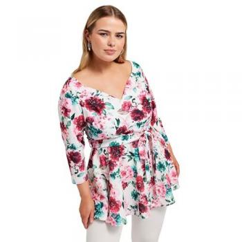 Top Peplum Fleuri à Manches Longues Sweetheart Blanc Yours Curve