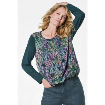 Goldner Fashion Bluse „Chiffon‑Kraft“ – dunkelgrünes Muster, Größe 42
