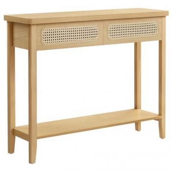 Mesa de consola boho con 2 cajones y estante abierto, color beige roble